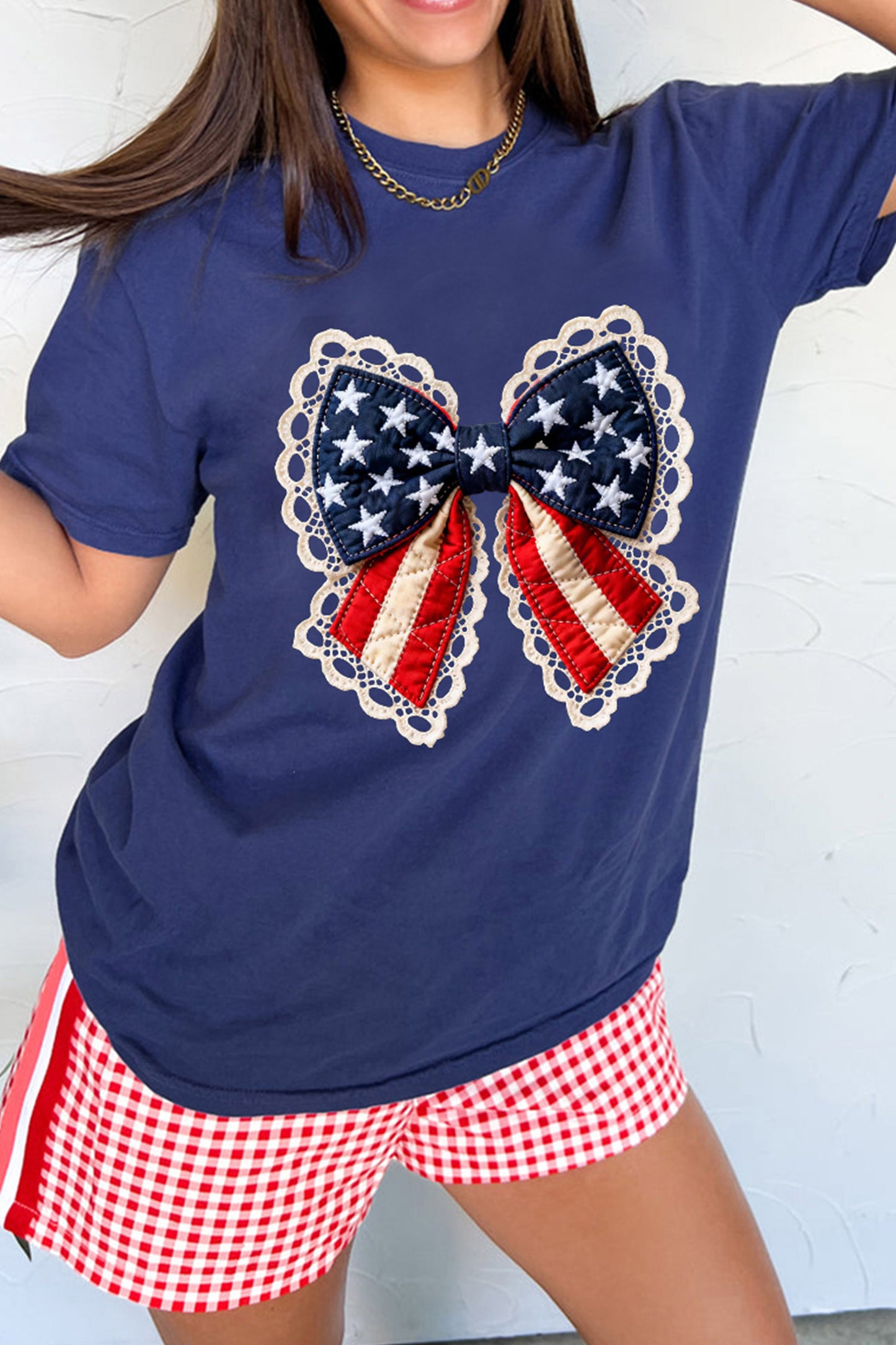 Blue Faux Patchwork Patriotic Bow Graphic Tee