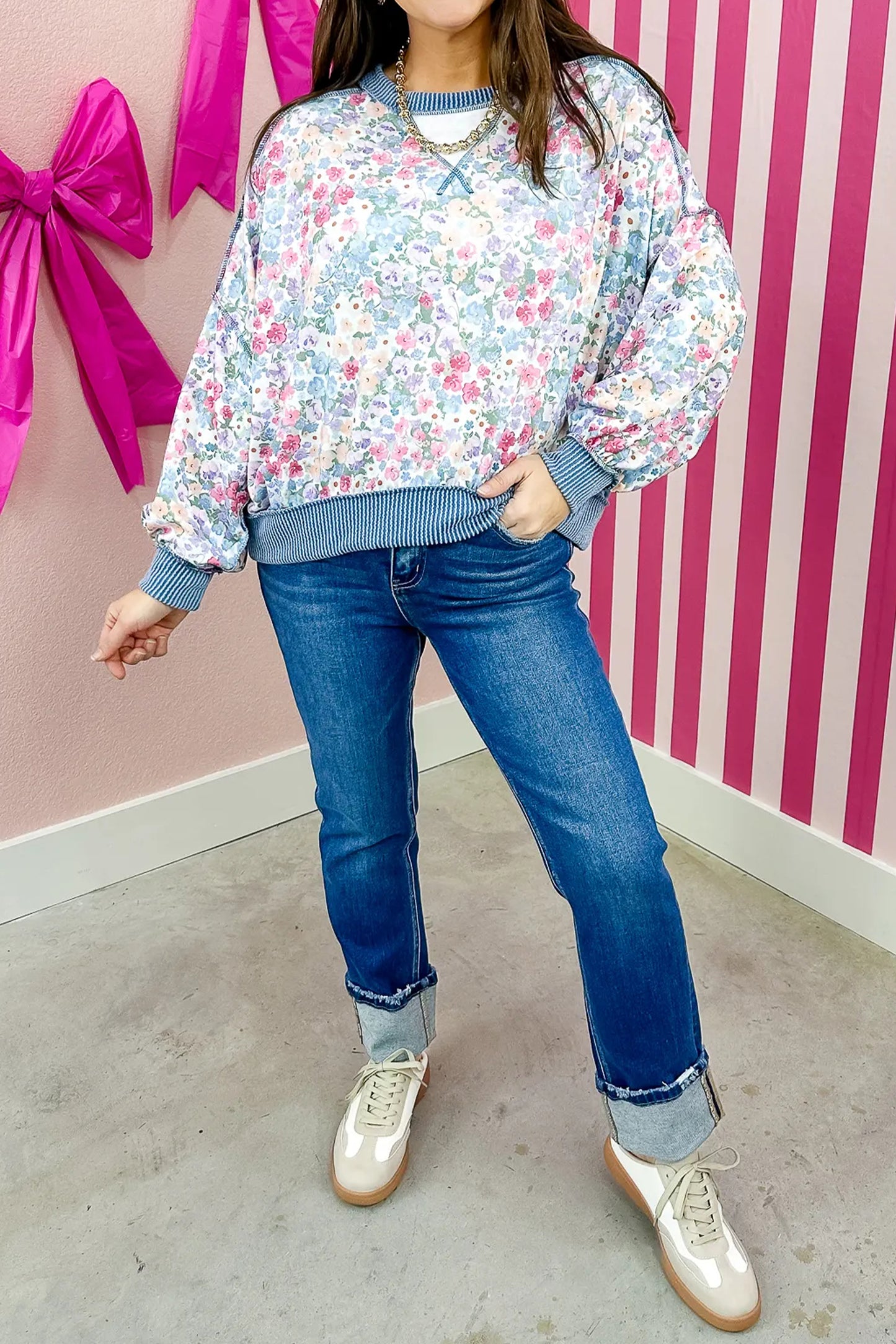 Multicolour Floral Print Twisted Ribbed Detail Long Sleeve Top