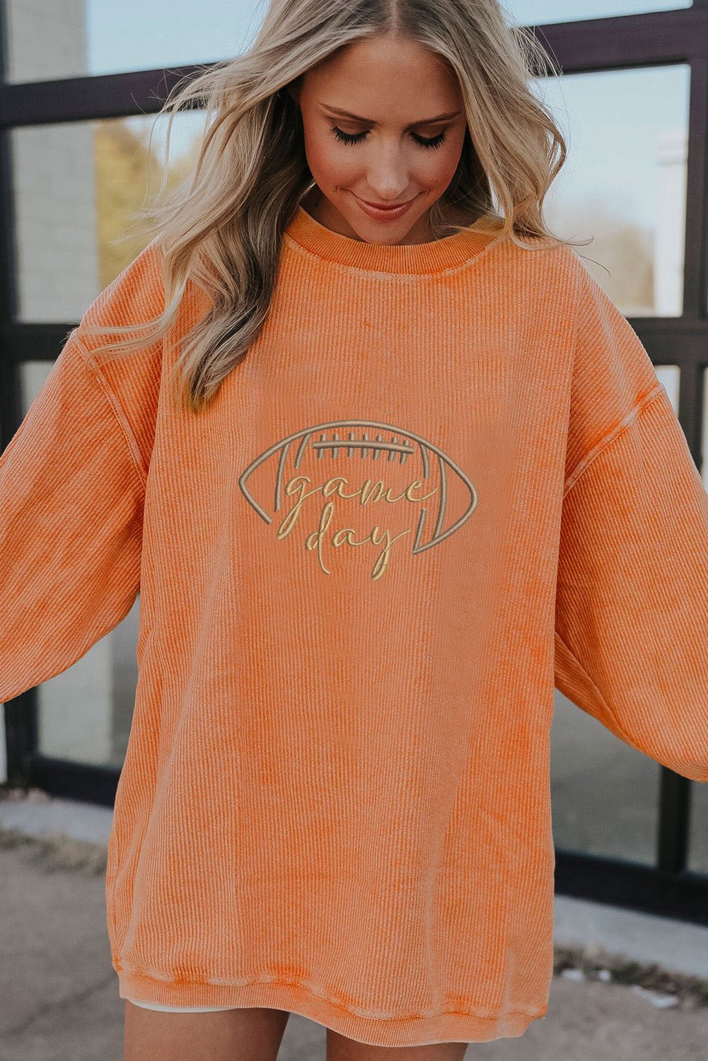 Orange Football Graphic Game Day Embroidered Corded Sweatshirt