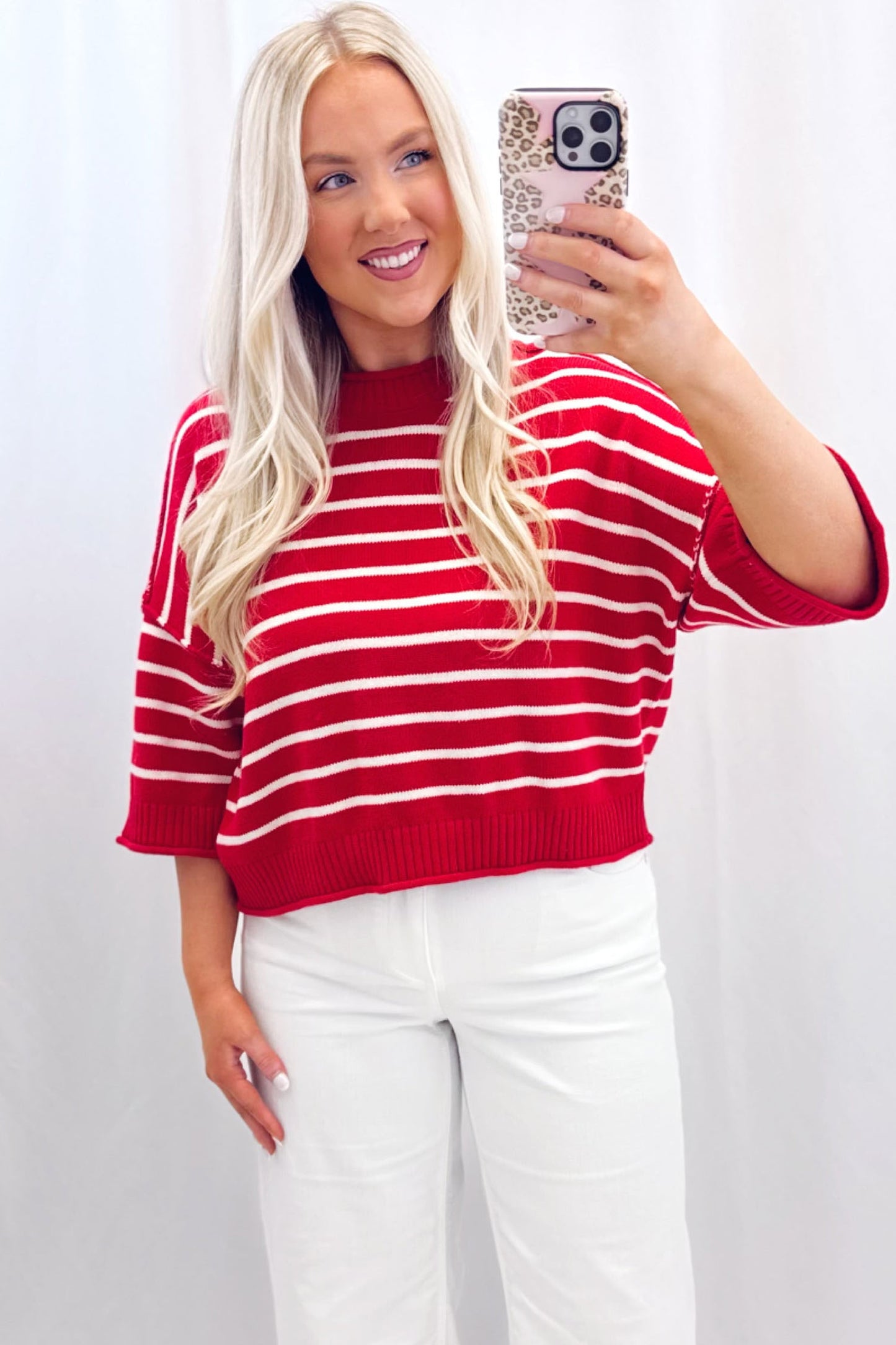 Red Stripe Dropped Shoulder Half Sleeve Relaxed Knit Sweater