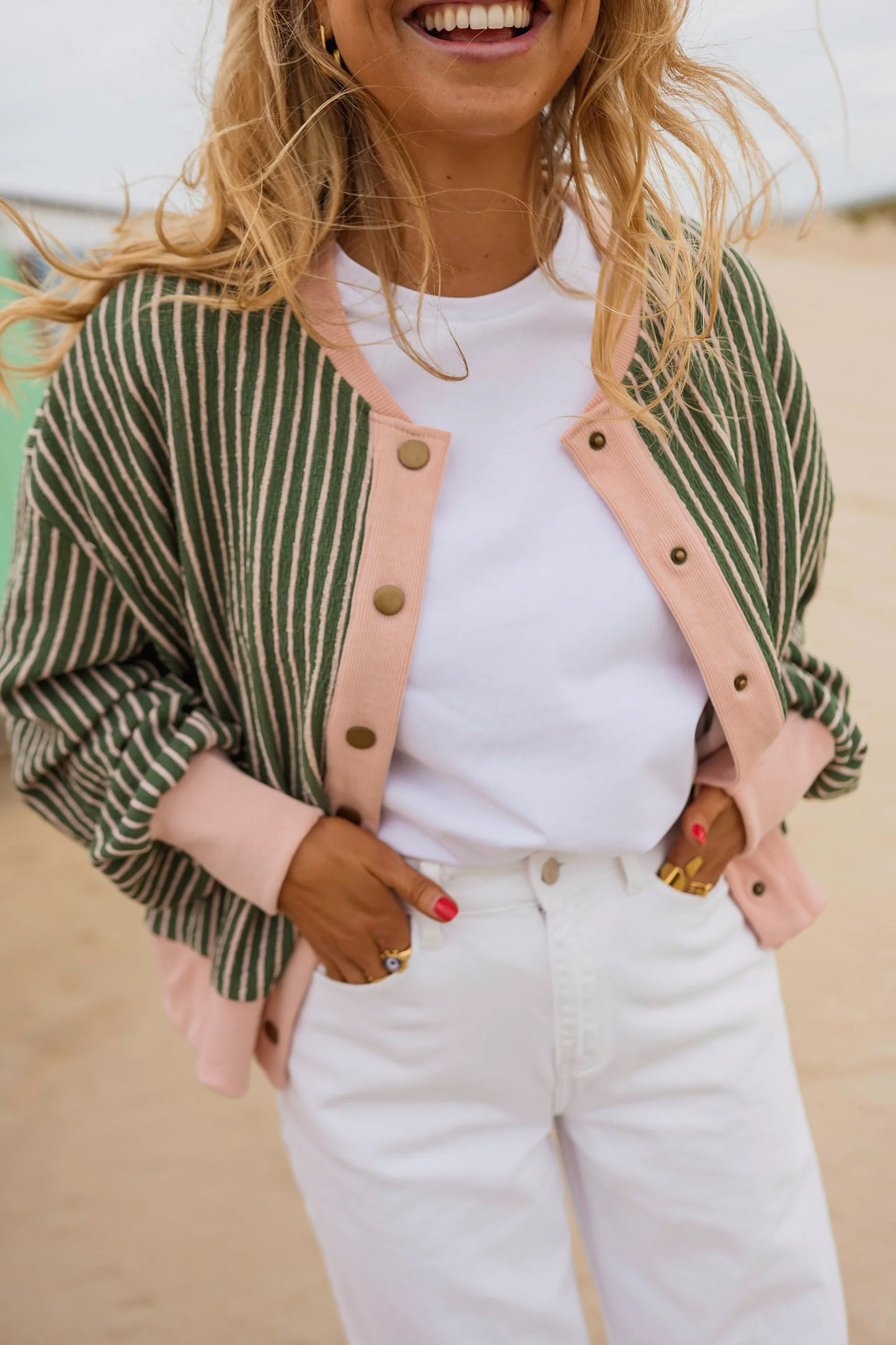 Green Stripe Striped V Neck Patchwork Long Sleeve Regular Fit Cardigan