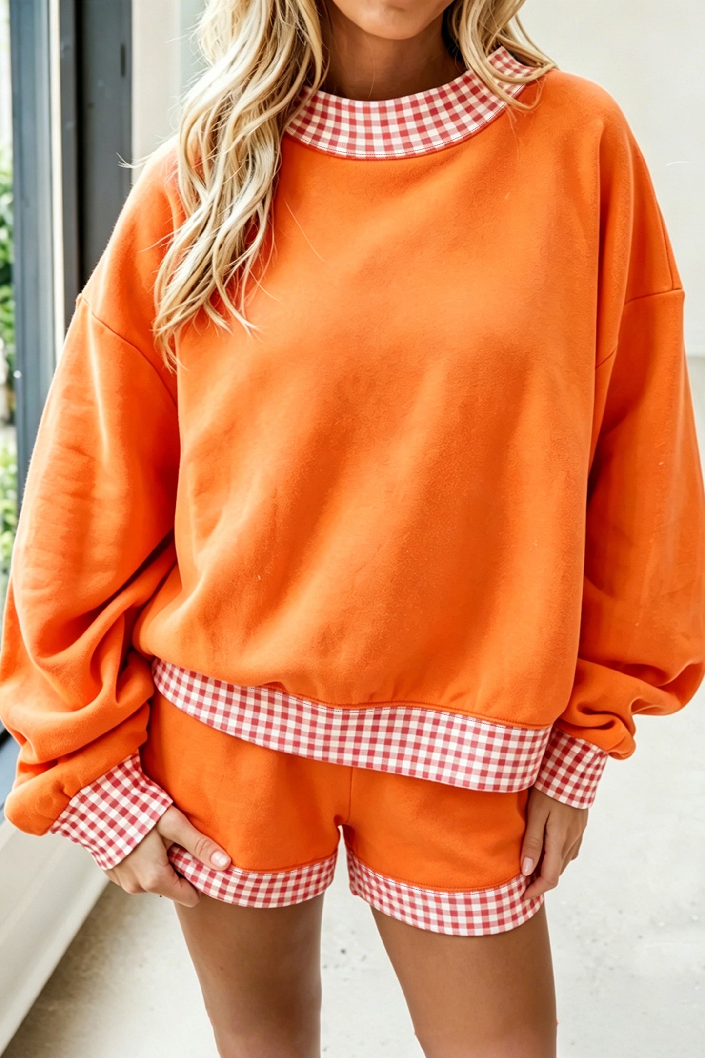 Fiery Red Gingham Trim Baggy Pullover 2pcs Short Set
