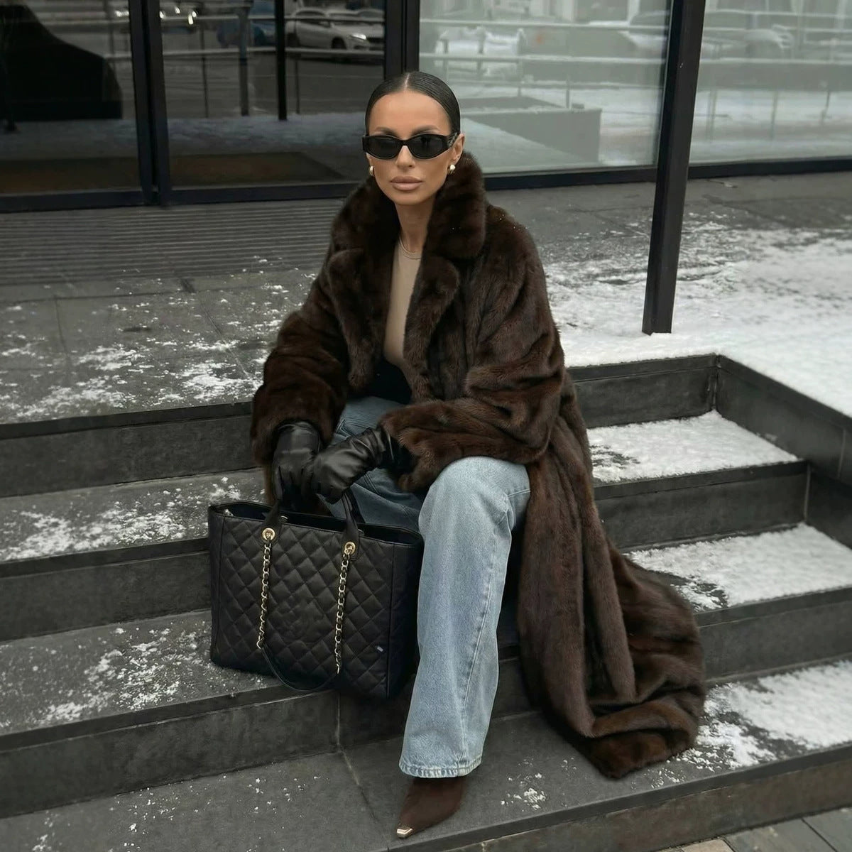 long brown faux mink fur coat artificial fur
