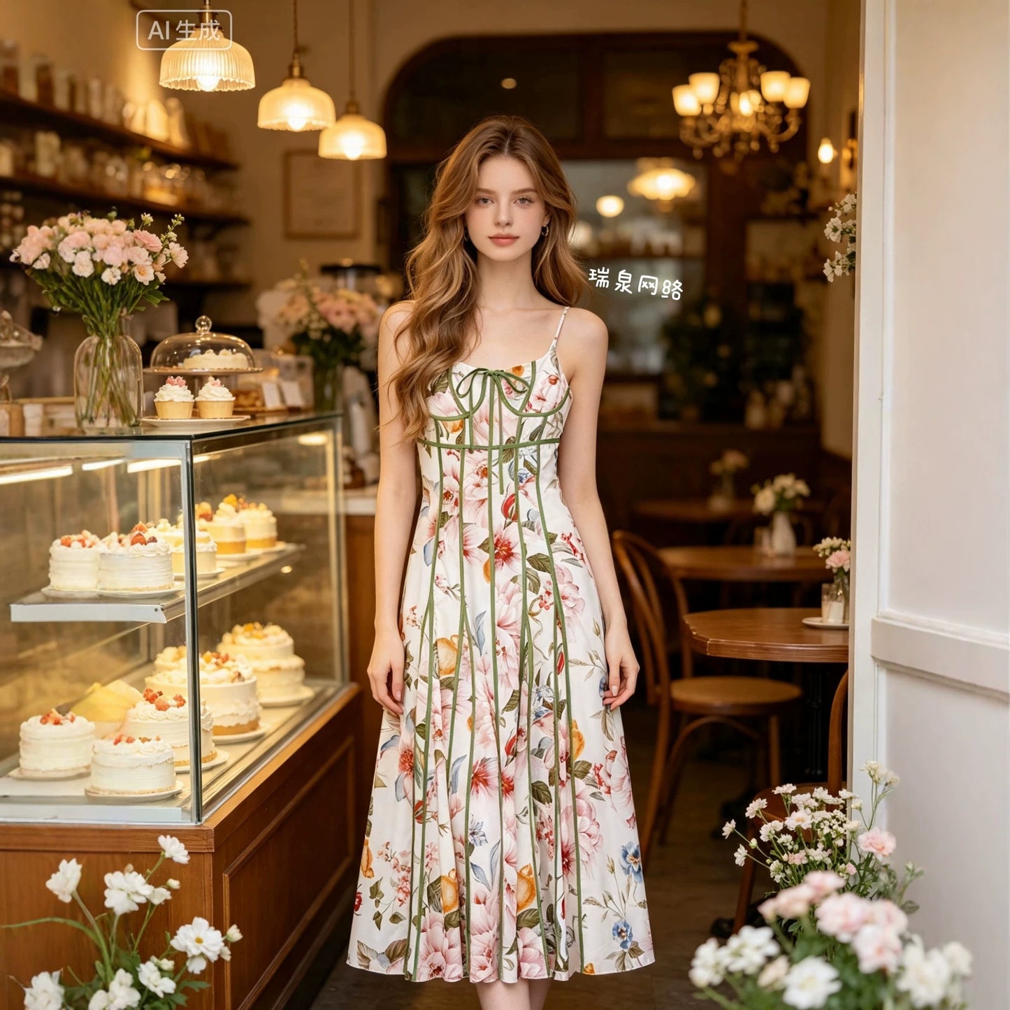 flower print long swing dress with seaming detail