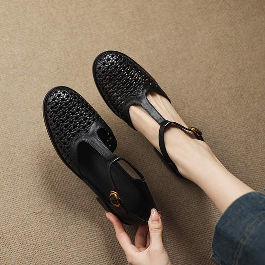 woven hollowed-out leather thick-heeled women's shoes