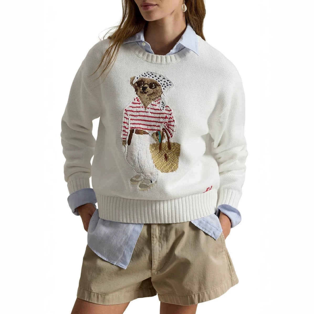 loose white, crew-neck americana sweater