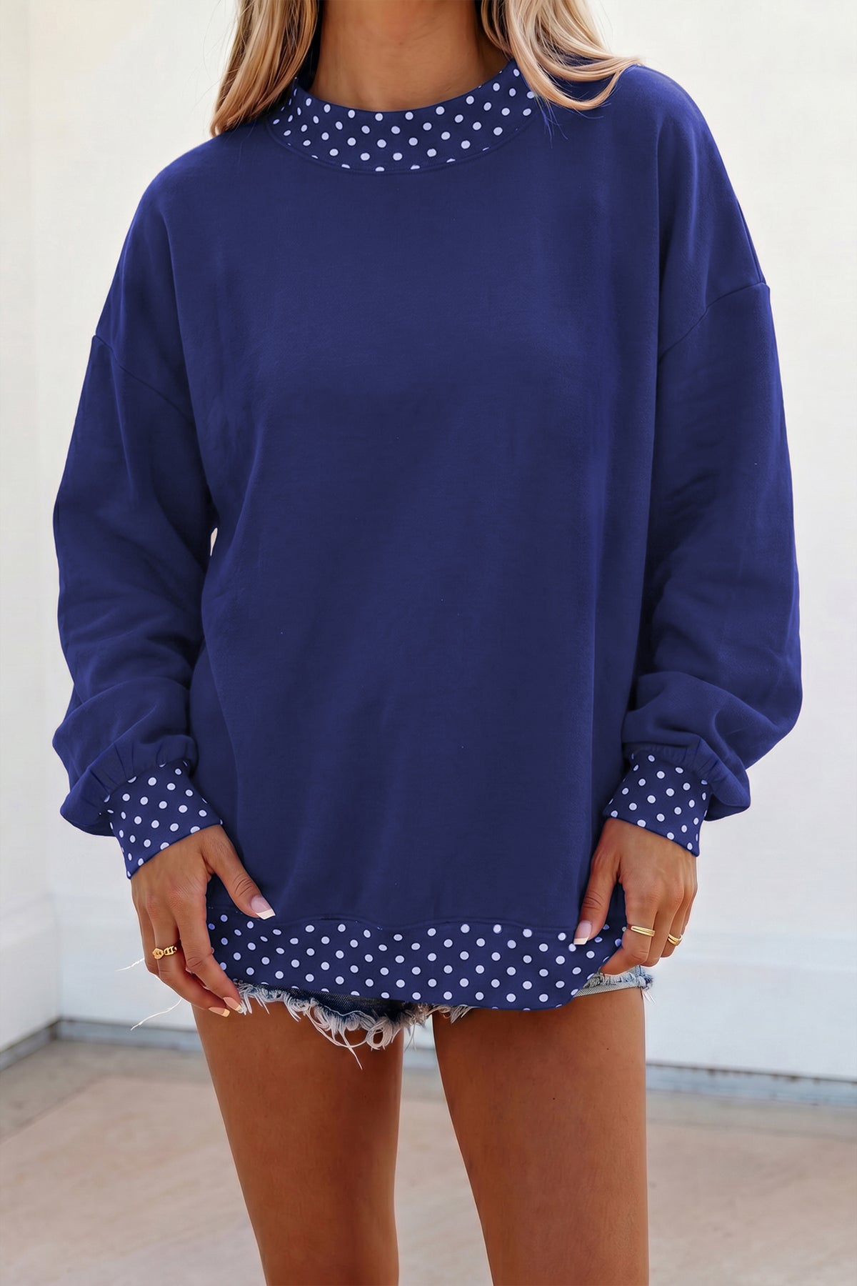 Tillandsia Purple Colorblock Polka Dot Contrast Trim Oversized Sweatshirt