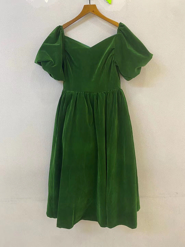 V-neck puffy sleeve thin velvet dress