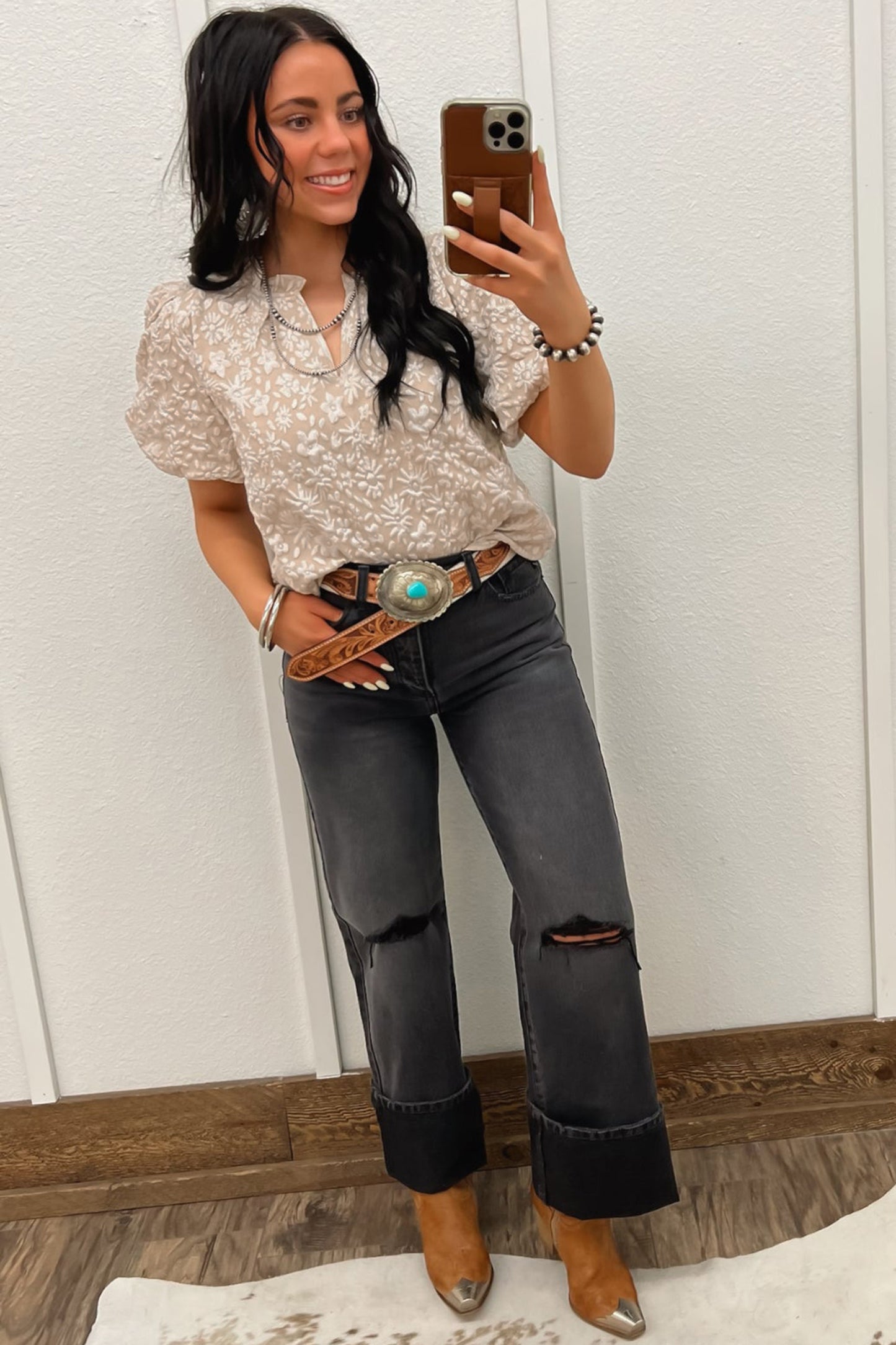 Beige Floral Textured Jacquard Puff Sleeve Blouse