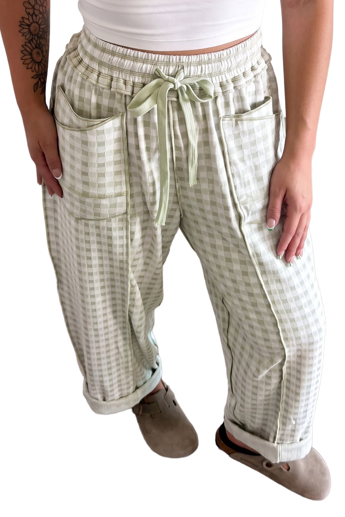 Red Plaid Contrast Trim Drawstring Elastic Waist Shift Pants