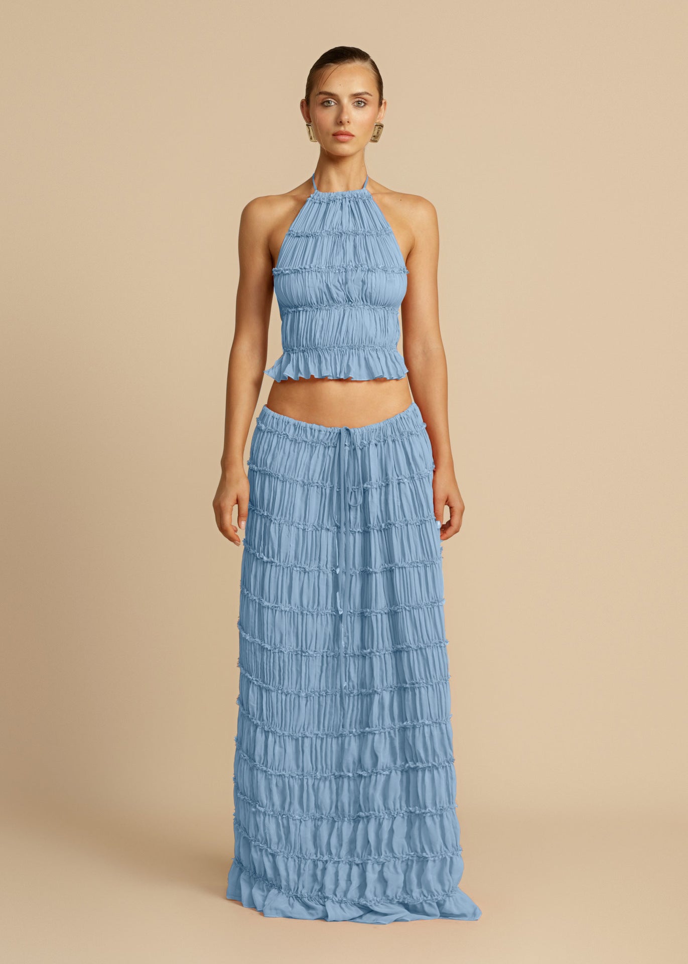 halter-neck crinkled style 2 piece set. top and skirt