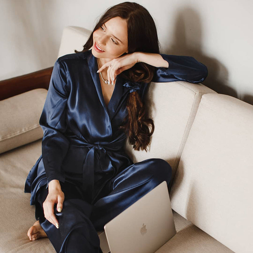 imitation silk cardigan blouse trousers pajamas set