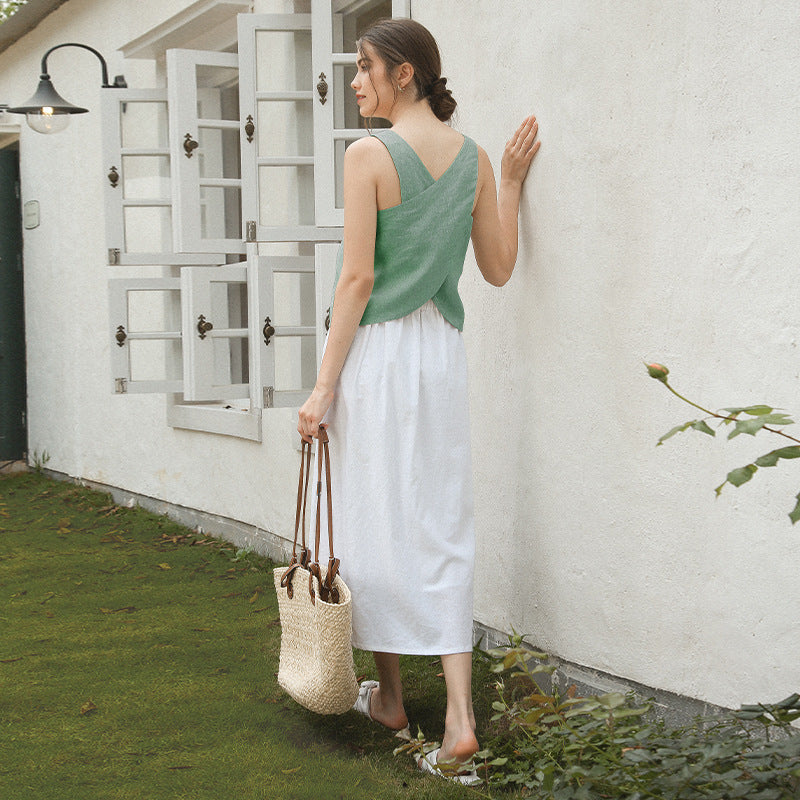 linen tank with crisscross back detail