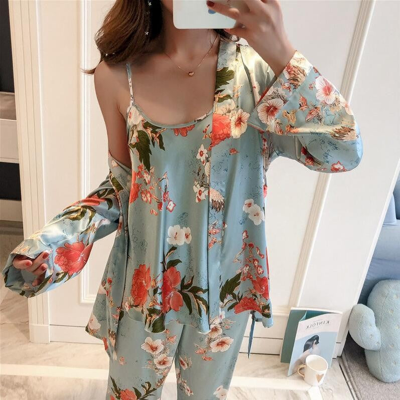 3 piece satin pajamas. includes pant, cami and robe