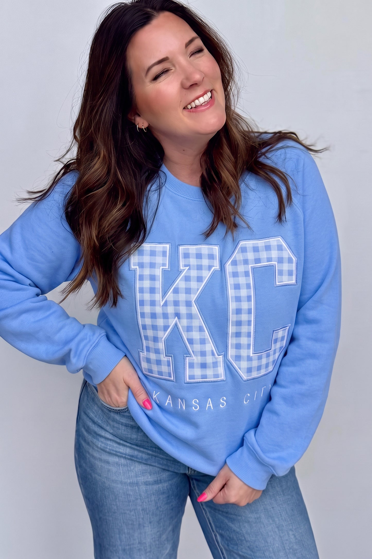 Dusk Blue Floral Letter Print Loose Fit Long Sleeve Round Neck Plus Size Sweatshirt