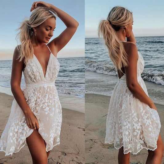 women's lace  V-neck backless dress