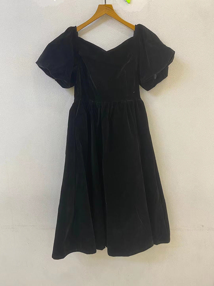 V-neck puffy sleeve thin velvet dress