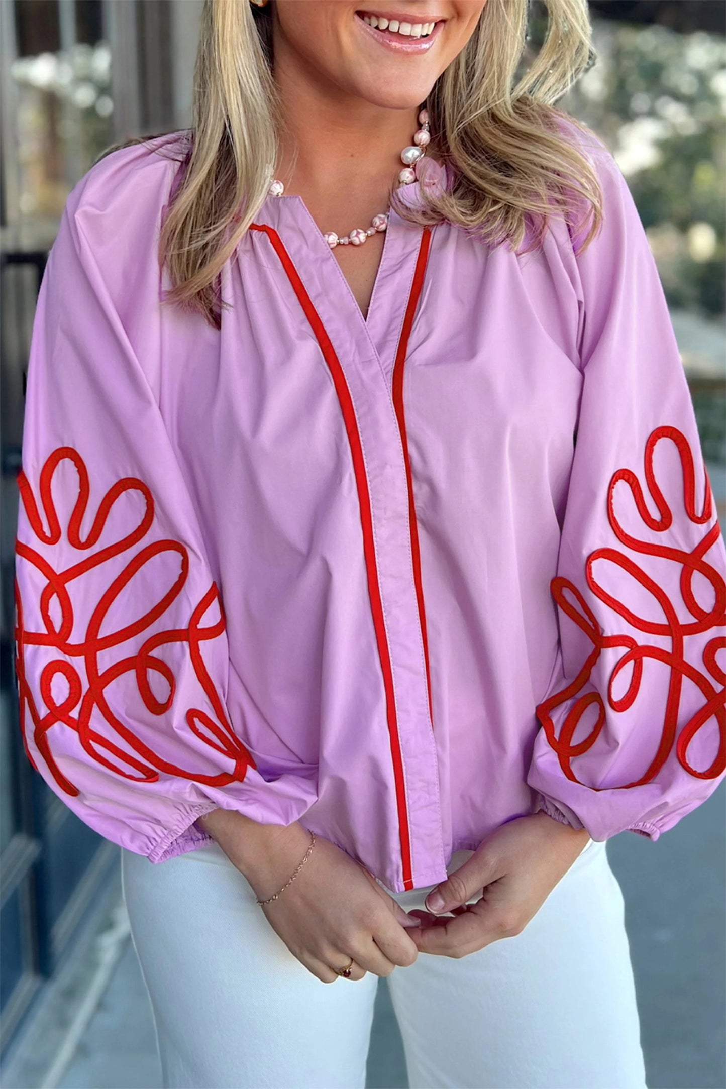Orchid Bouquet Colorblock Long Sleeve Regular Fit Casual Pullover Top