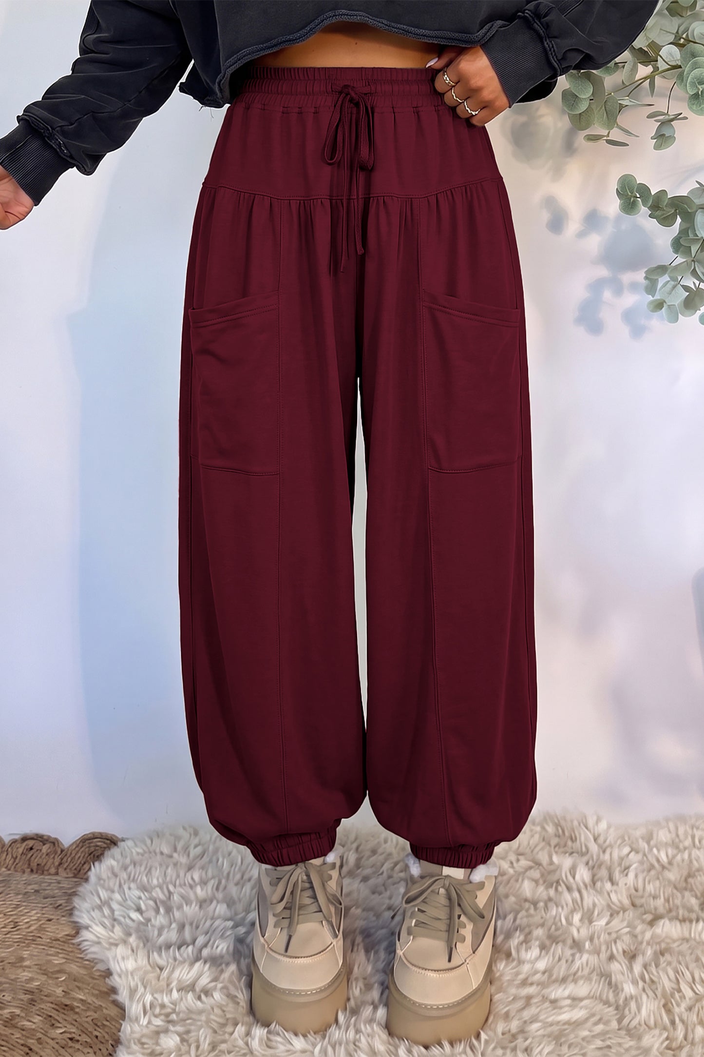 Dirty blue Elastic Waist Drawstring Wide Leg Full Length Pants