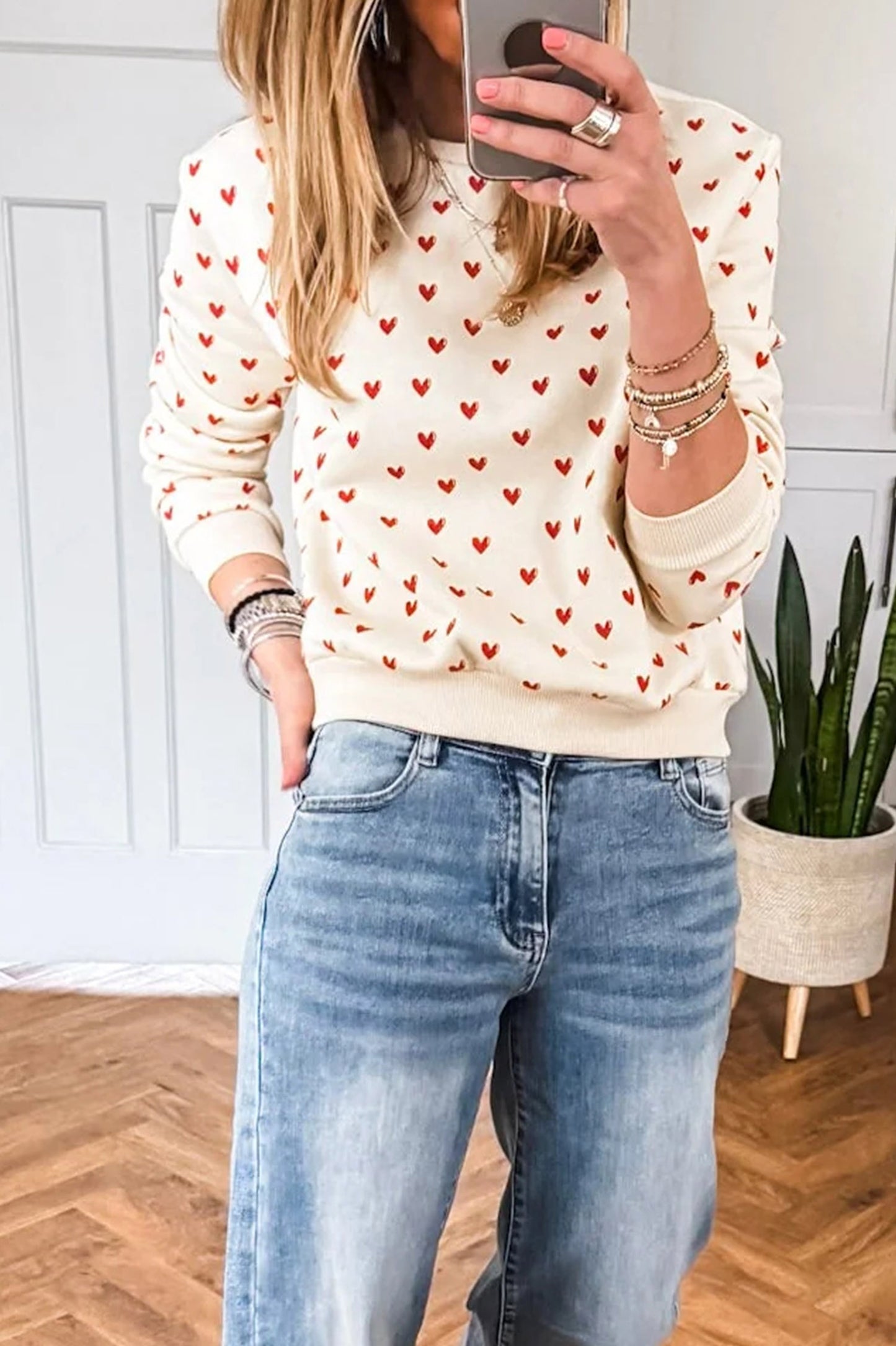 Beige Heart Print Ribbed Trim Casual Sweatshirt