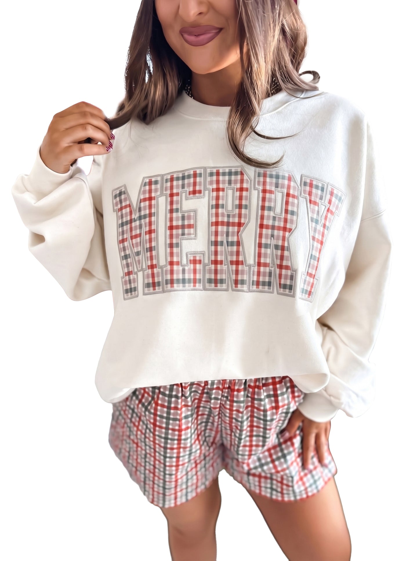 Red Plaid/ Polka Dot MERRY Holiday Long Sleeve Top and Shorts Set