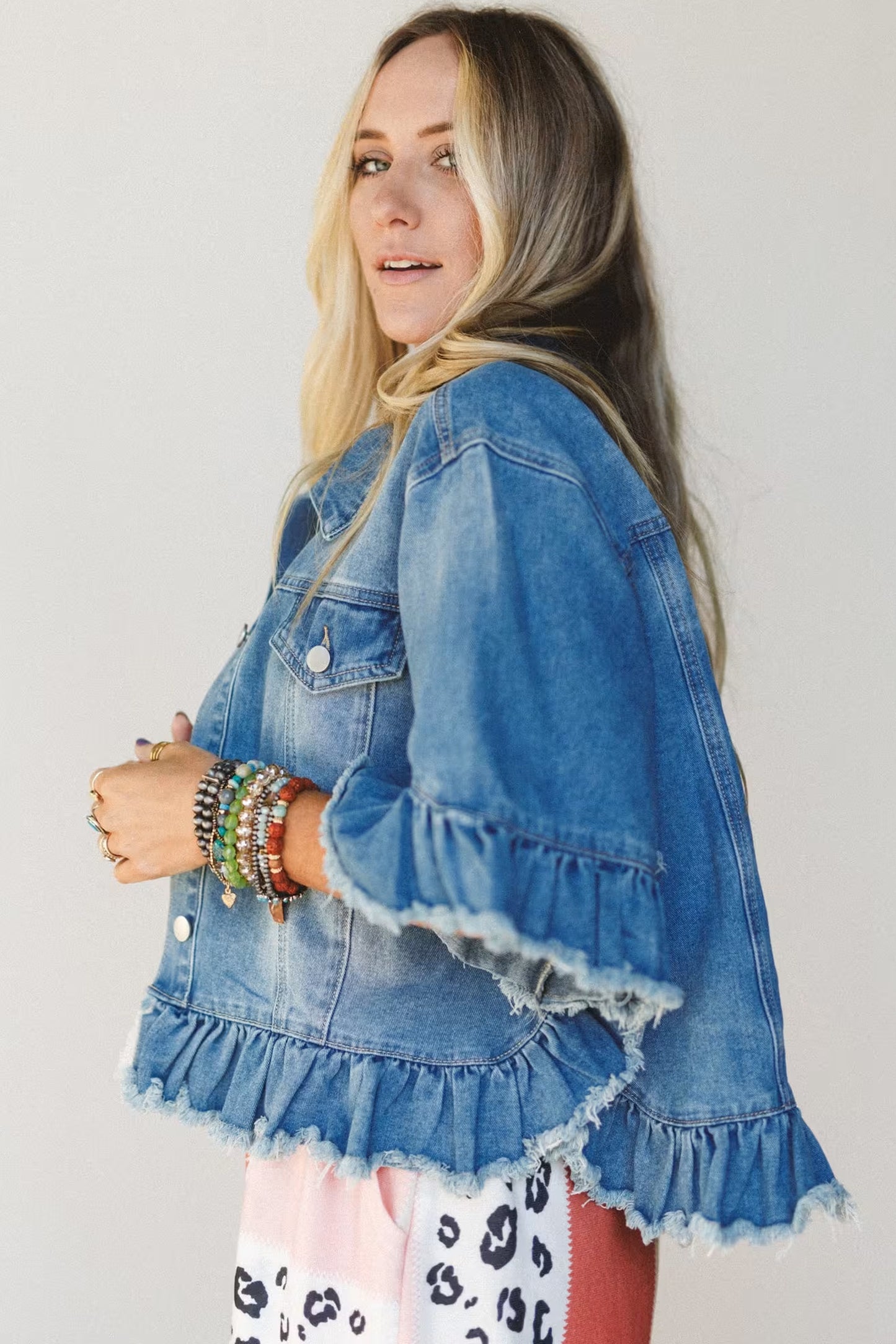 Blue Ruffle Hem Denim Jacket Half Sleeve Western Style