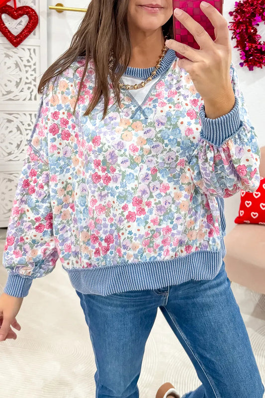 Multicolour Floral Print Twisted Ribbed Detail Long Sleeve Top
