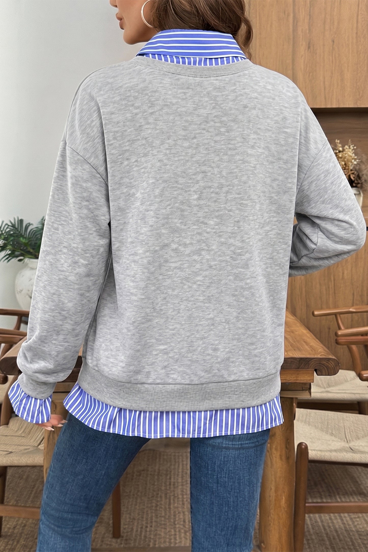 Light Grey Striped Collar Faux Two Piece Patchwork Casual Loose Sweatshirt