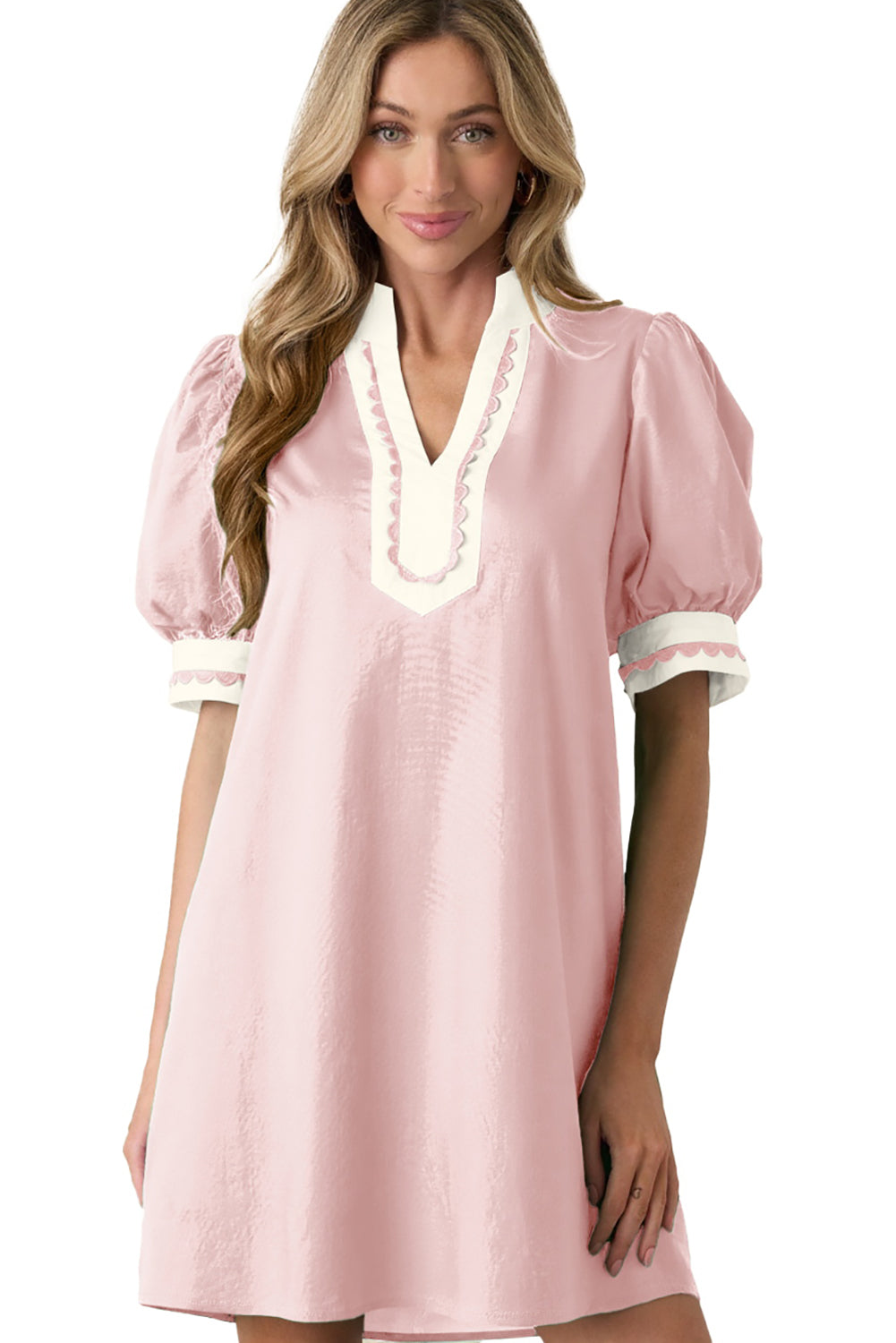 Light Pink Scallop Color Block Trim Puff Sleeve Mini Dress