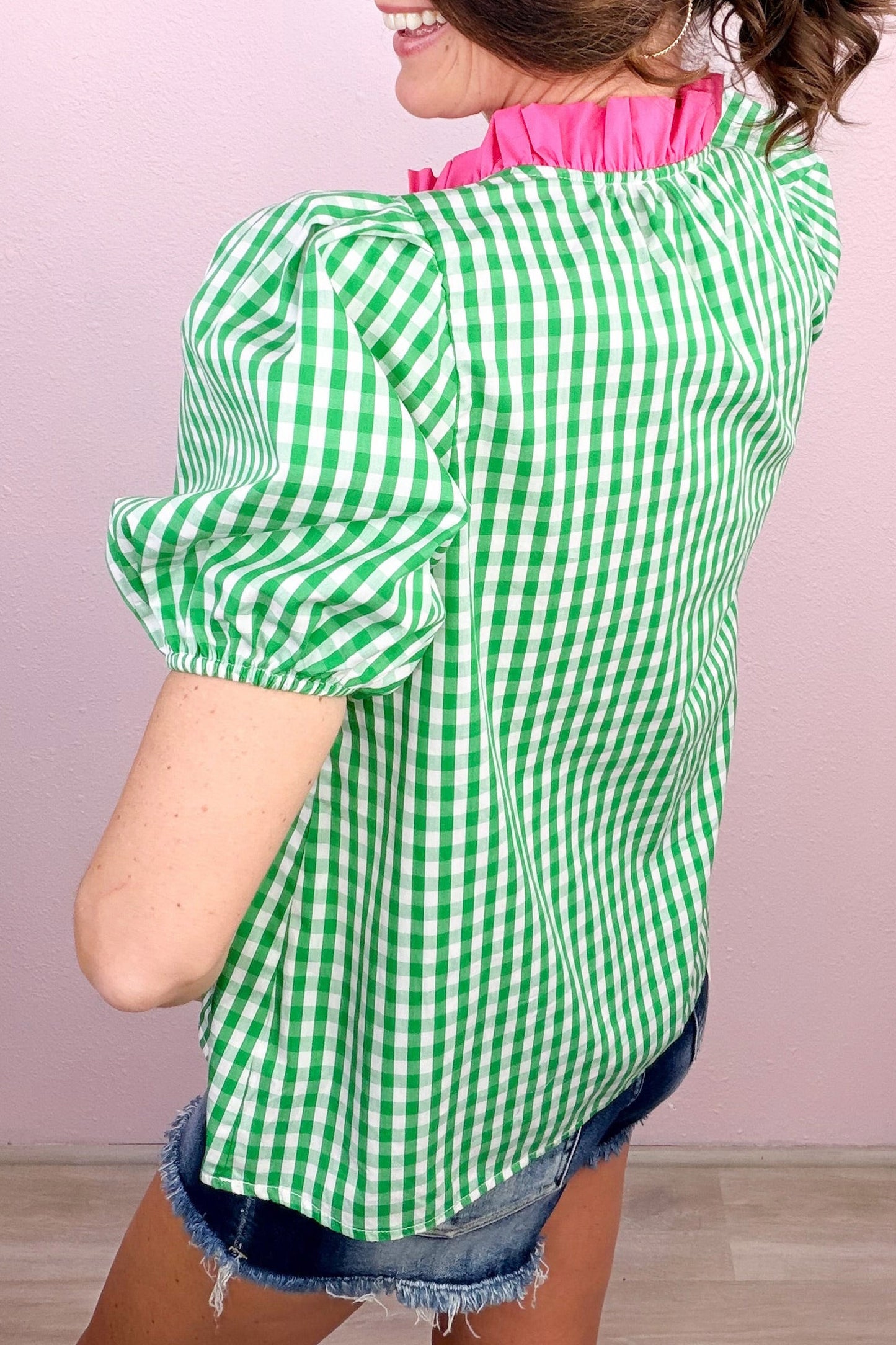 Green Gingham Plaid Bubble Sleeve Colorblock Trim V Neck Blouse
