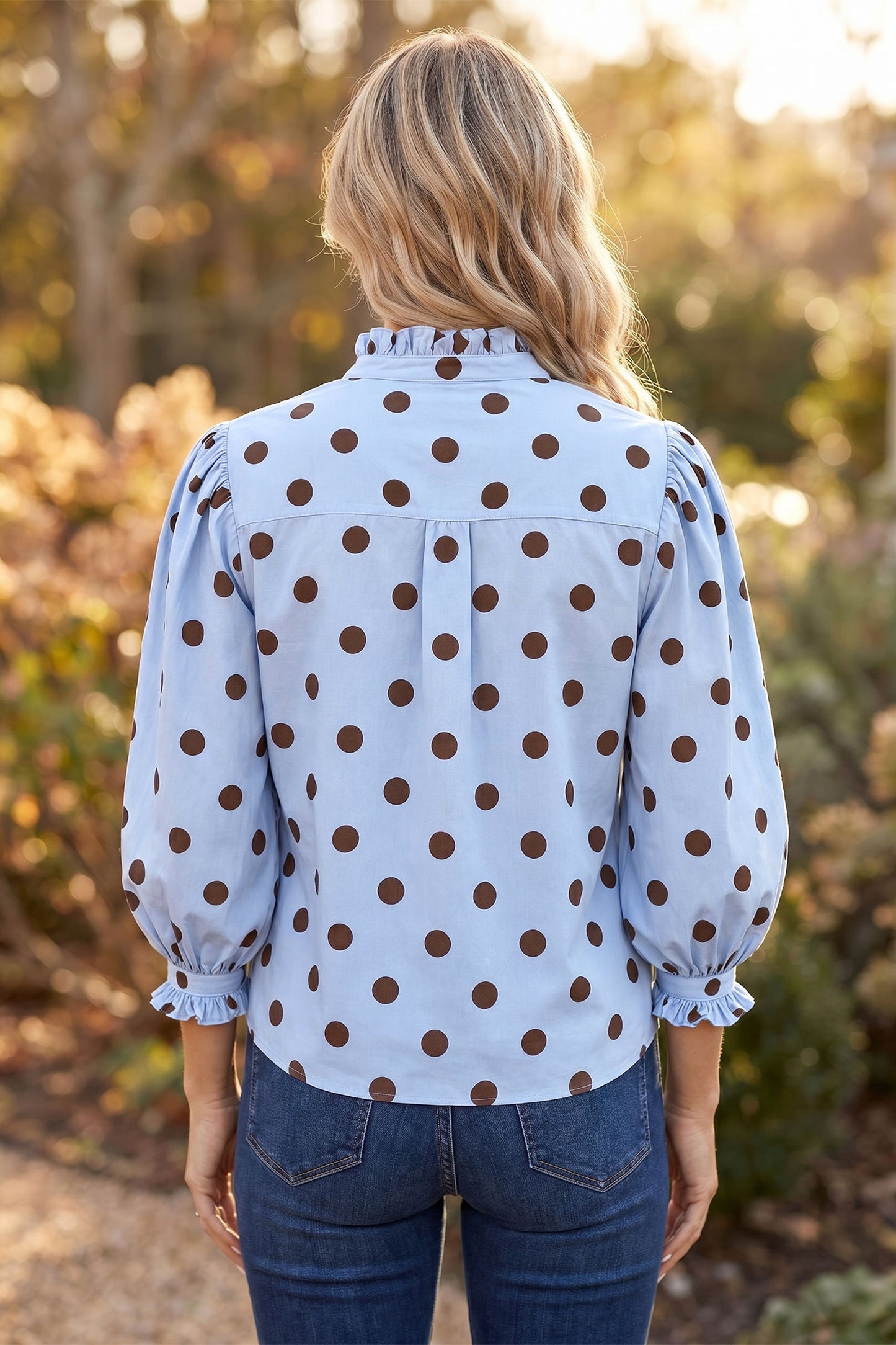 Black white Polka Dot Striped Print Ruffle Stand Neck 3/4 Sleeve Shift Shirt