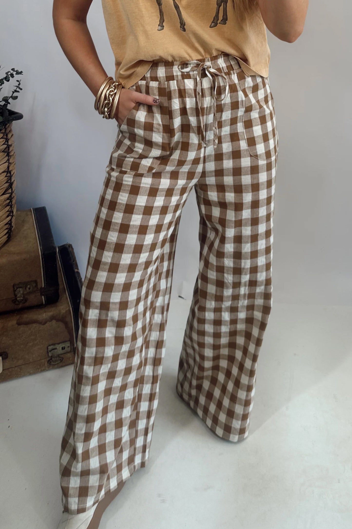 Brown Gingham Plaid Tie Elastic Waist Shift Pants