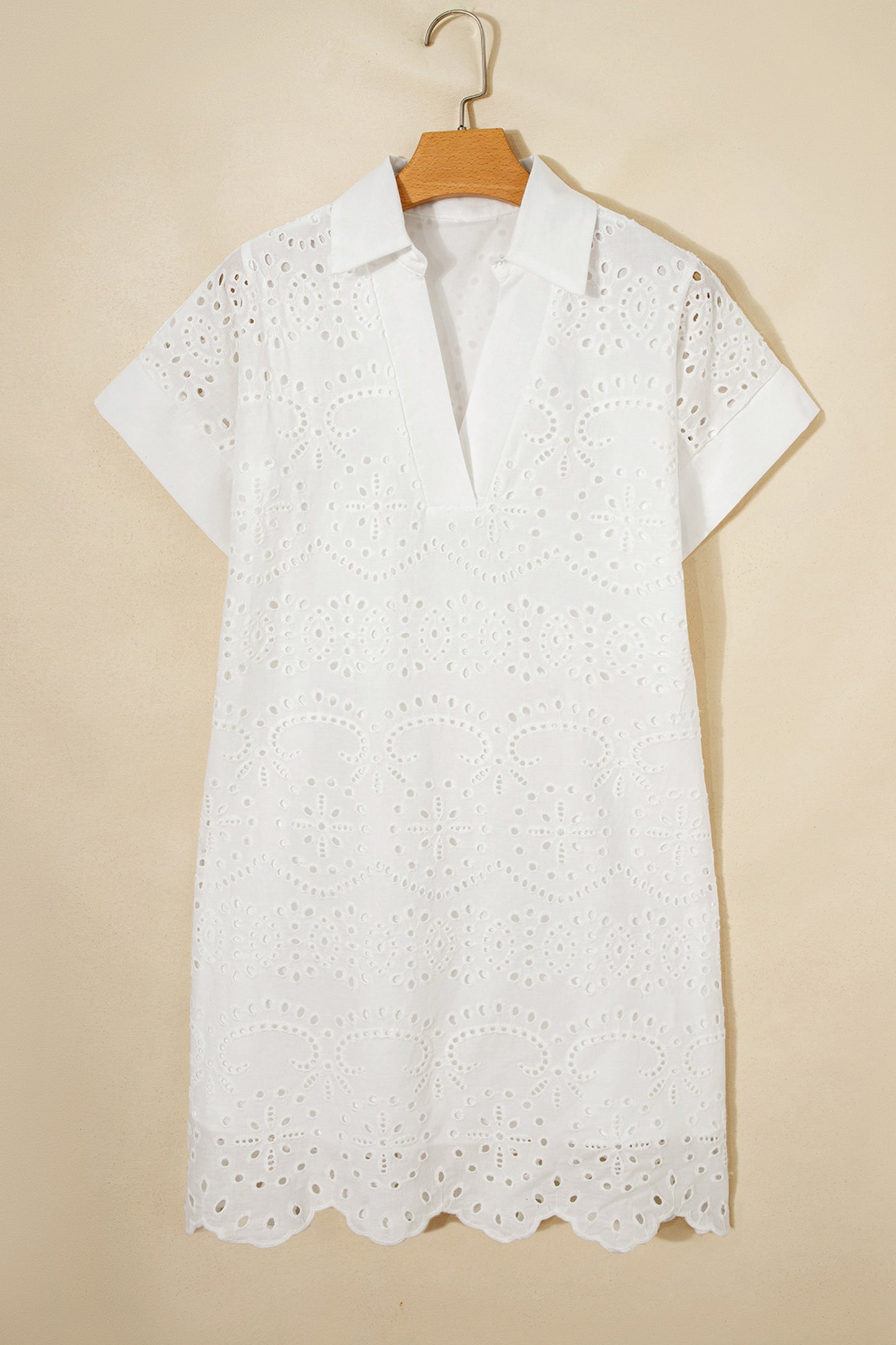 Rose Red Solid Color Eyelet Embroidered T Shirt Mini Dress