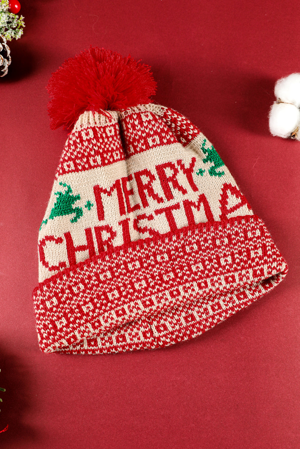 Fiery Red MERRY CHRISTMAS Winter Pom Beanie Hat