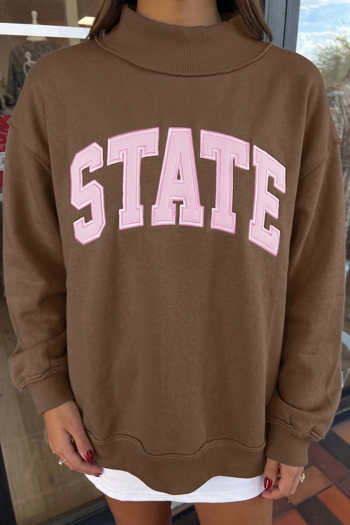 Light Grey Exposed Seam Mock Neck STATE Letter Graphic Loose Sweatshirt