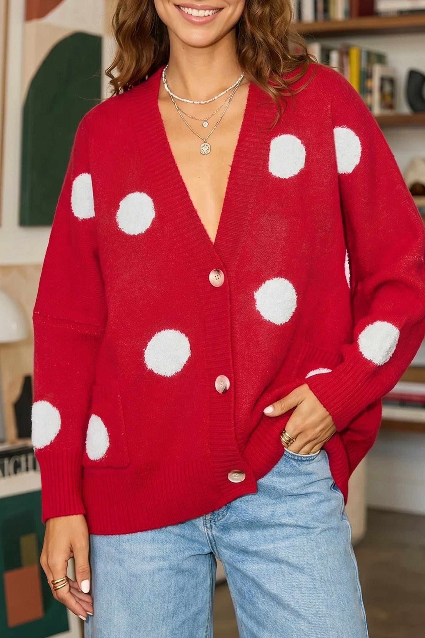 Beige Polka Dot Button Front Oversized V Neck Cardigan