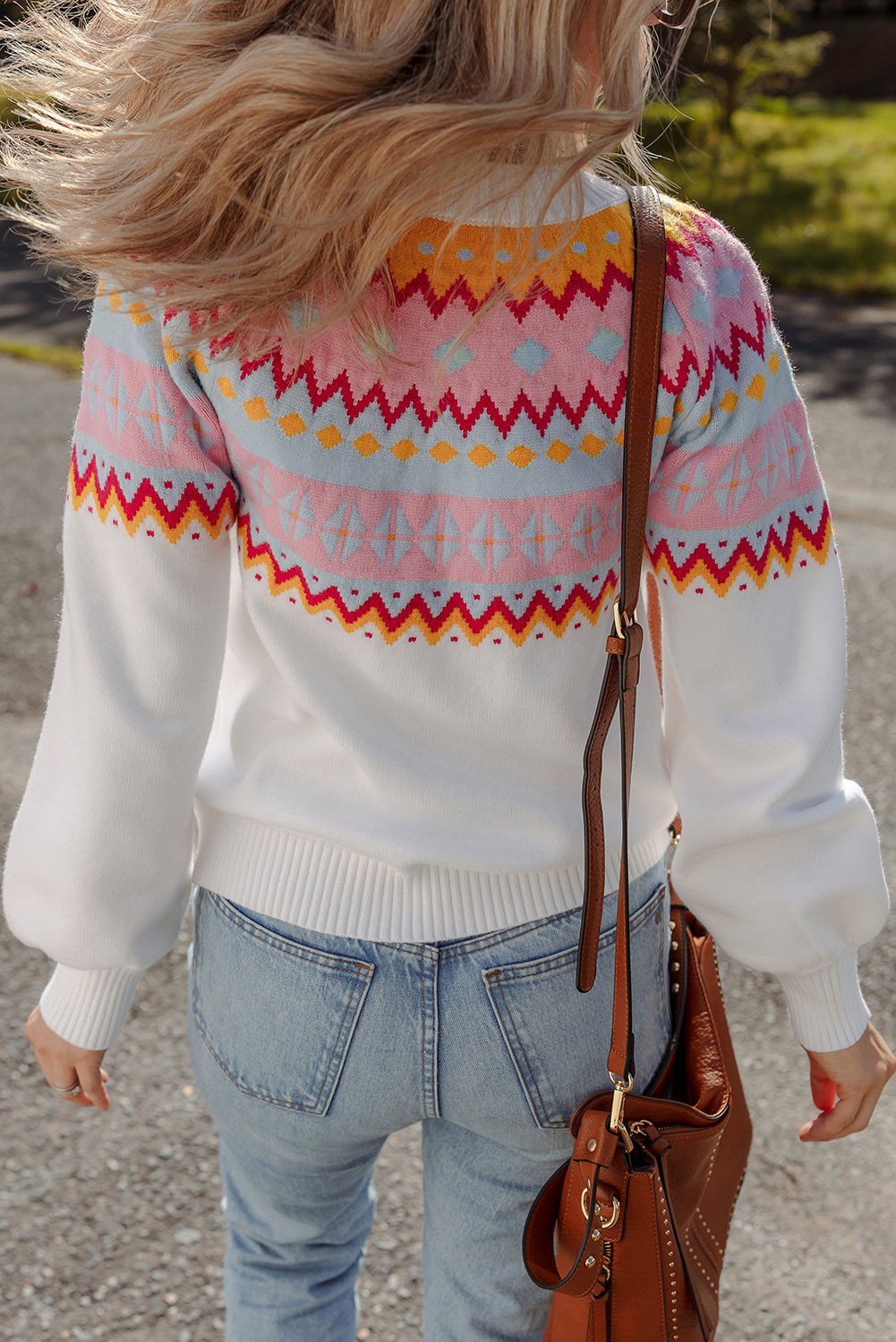White fair isle Print Drop Shoulder Sweater