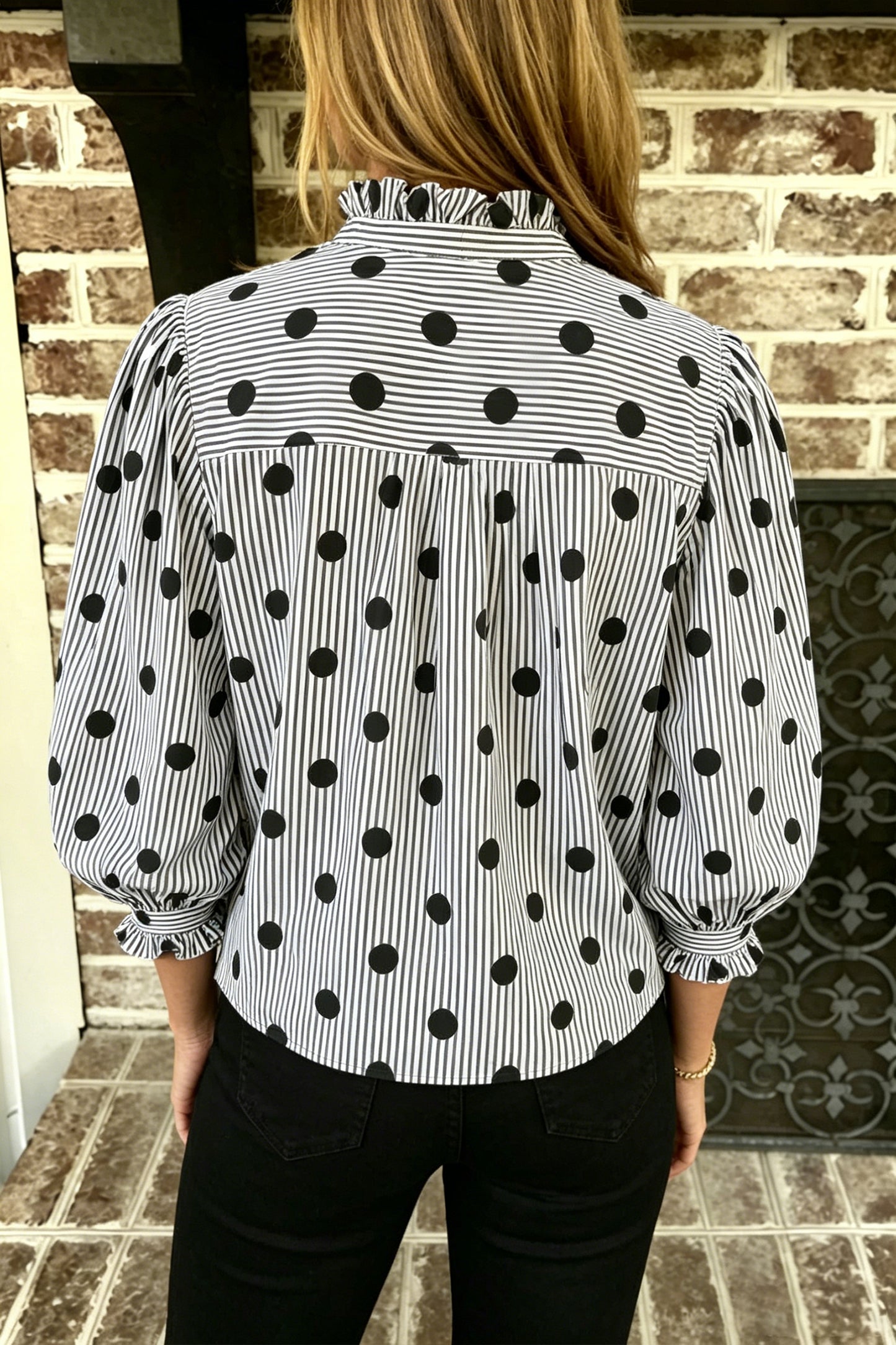 Black white Polka Dot Striped Print Ruffle Stand Neck 3/4 Sleeve Shift Shirt