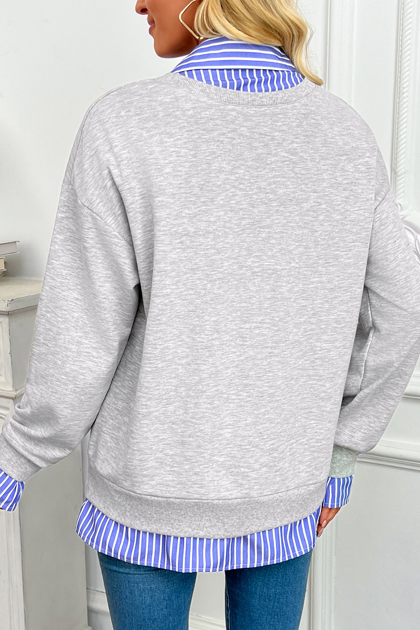 Light Grey Striped Collar Faux Two Piece Patchwork Casual Loose Sweatshirt