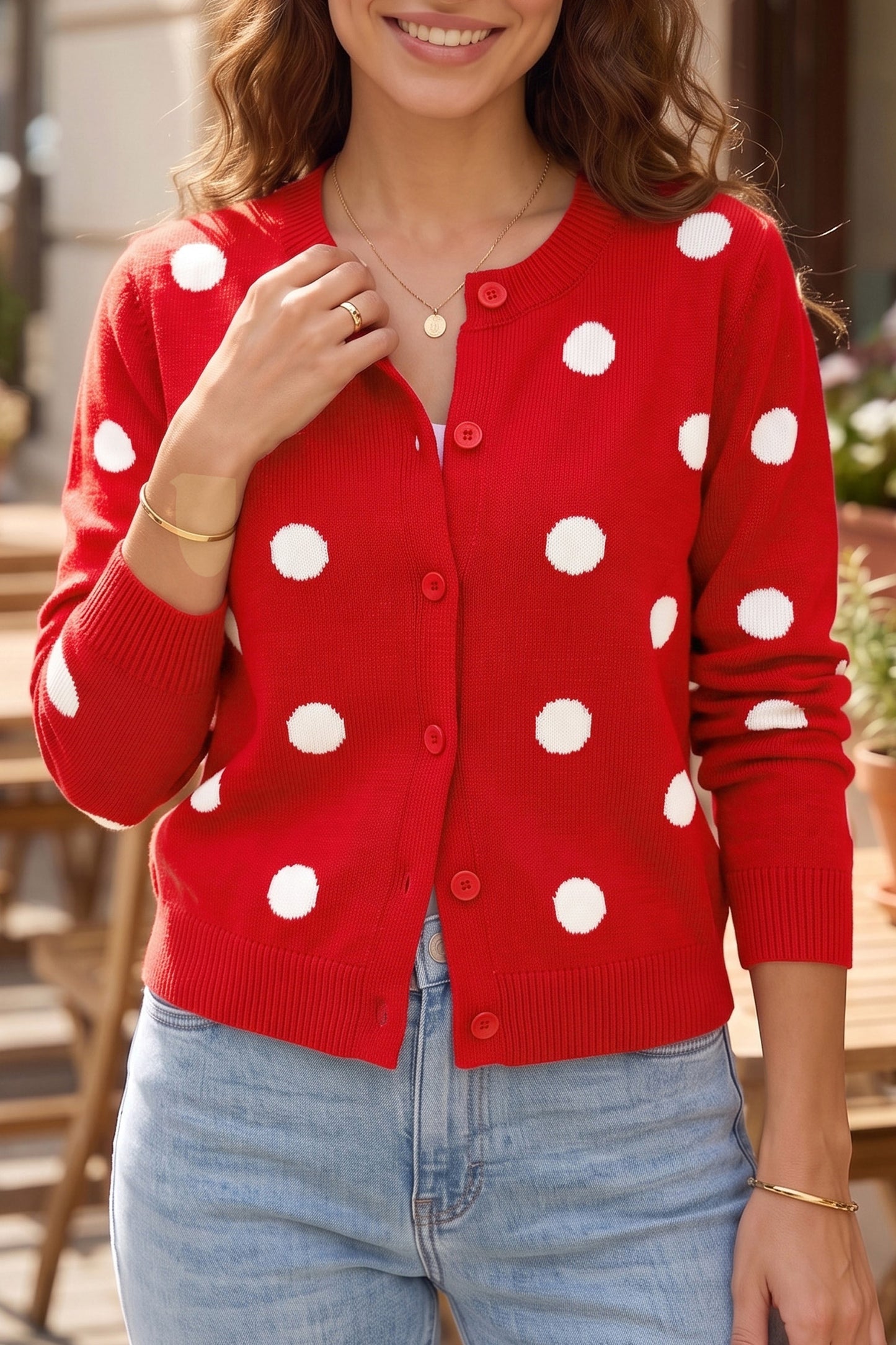 Yellow Cream Casual Polka Dot Button Front Long Sleeve Sweater Cardigan