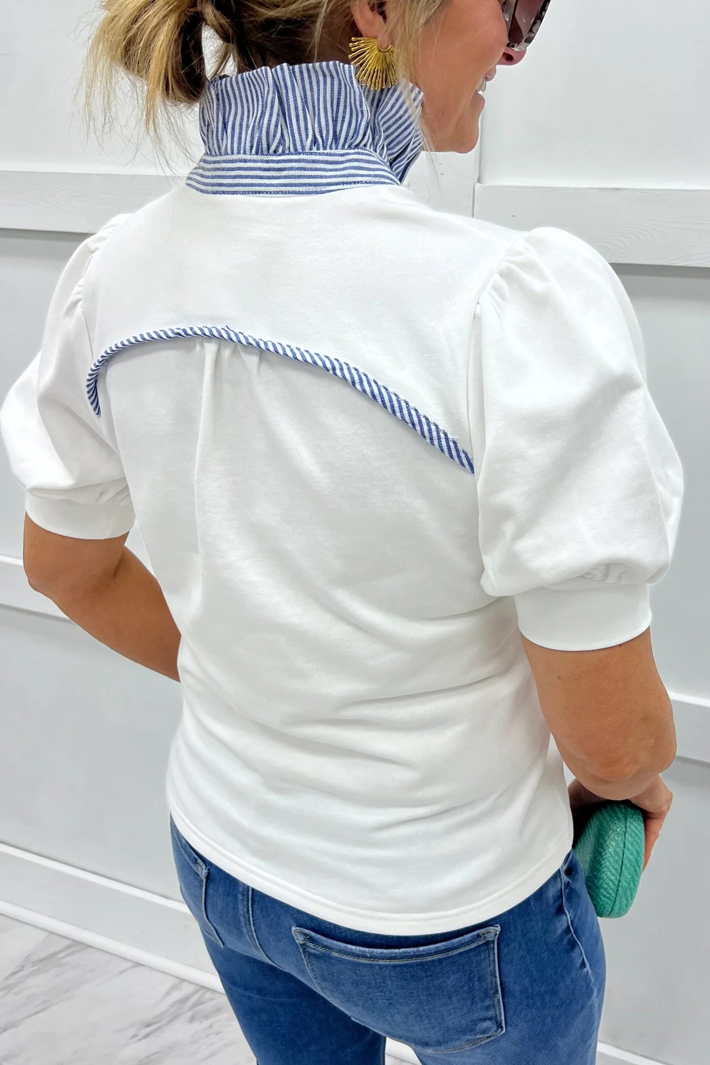 White Striped Frilled Collar Short Sleeve Top