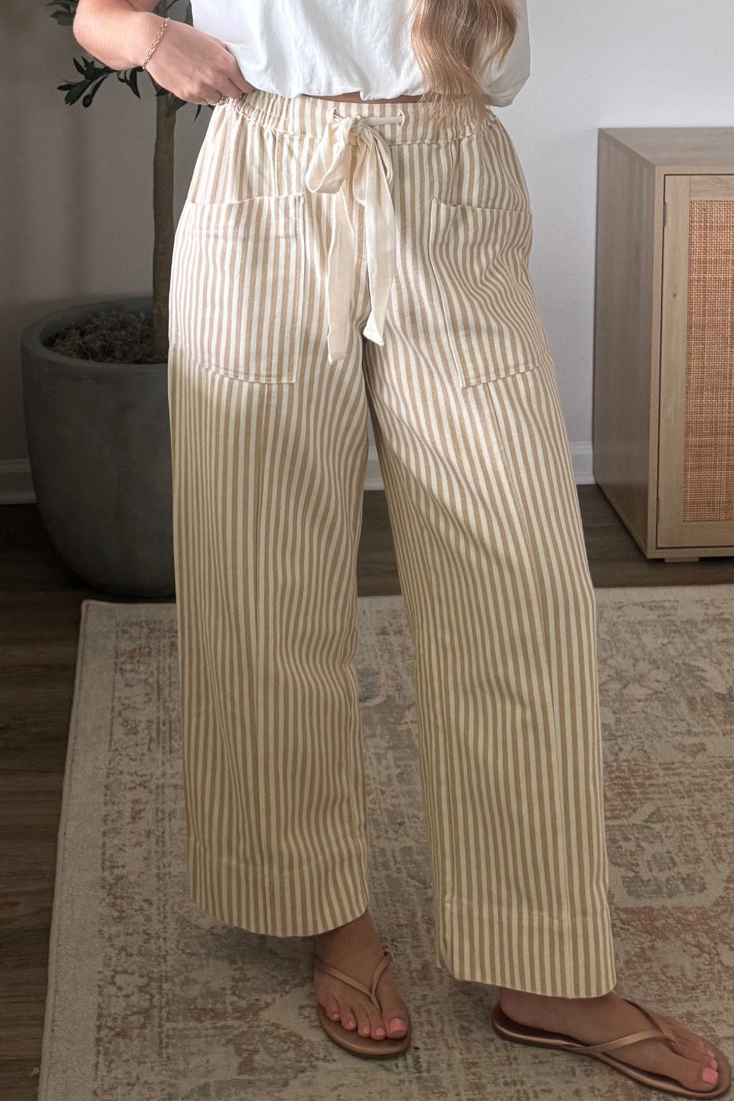Apricot Stripe Ribbon Drawstring Waist Full-Length Shift Pant