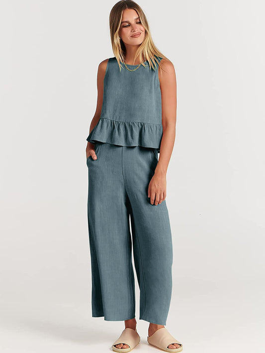 Women's sleeveless ruffle top, wide-leg capri pants set