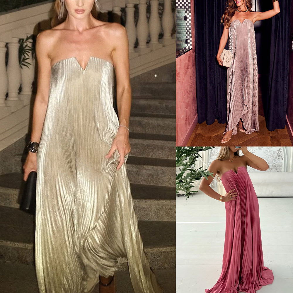 Shimmering strapless pleated gown