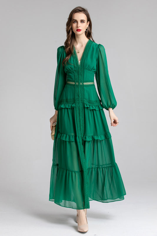 women's long dress with ruffle details