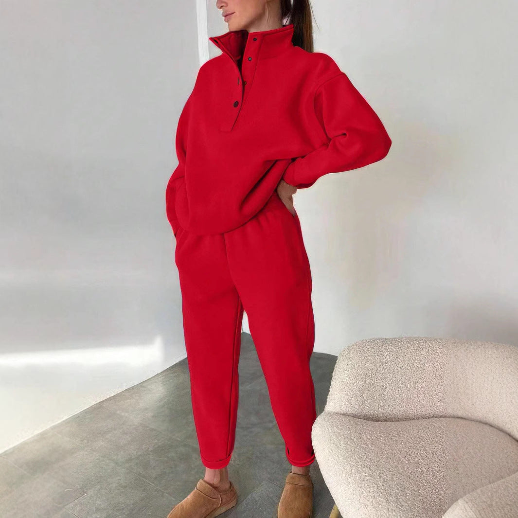 button-up stand-up collar hoodie with matching loose trousers