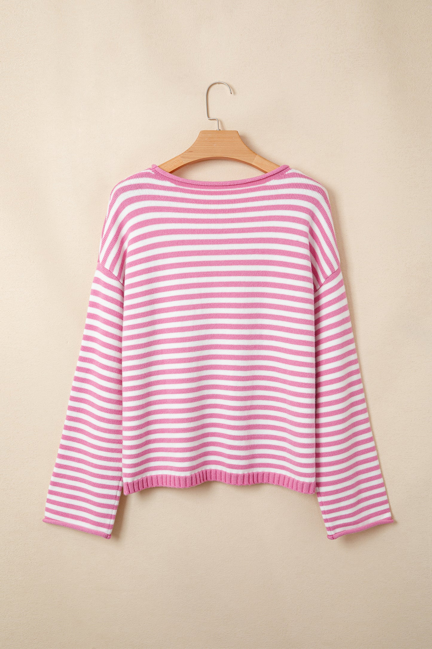 Green Stripe Striped Button Placket Drop Shoulder Long Sleeve Sweater