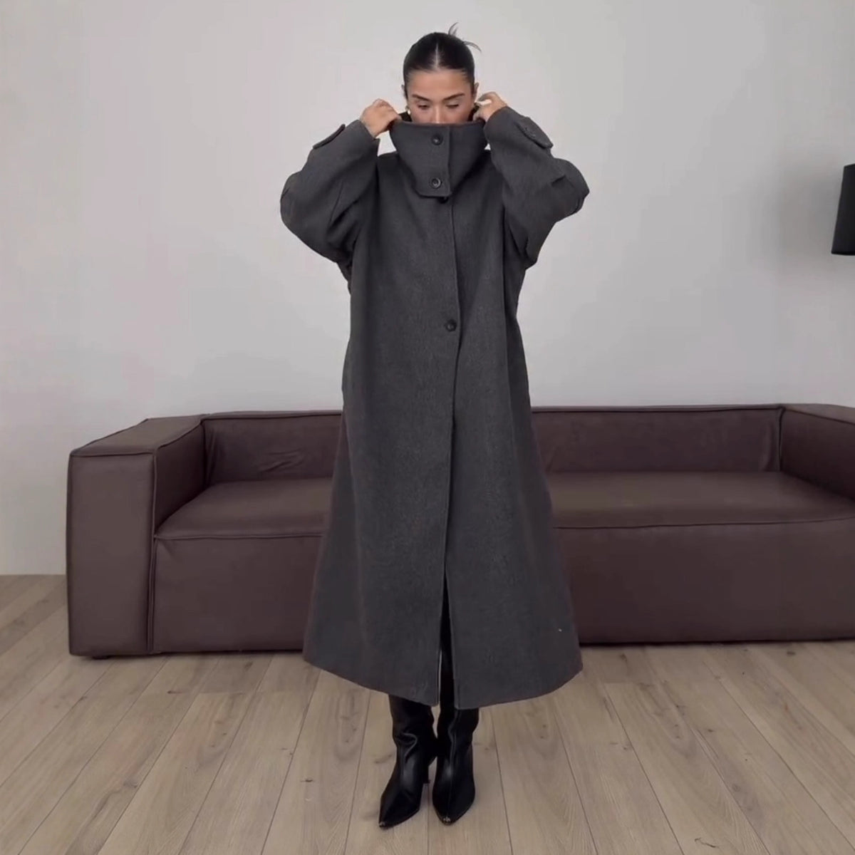 Women's casual stand-up collar and long knee-length loose woolen coat