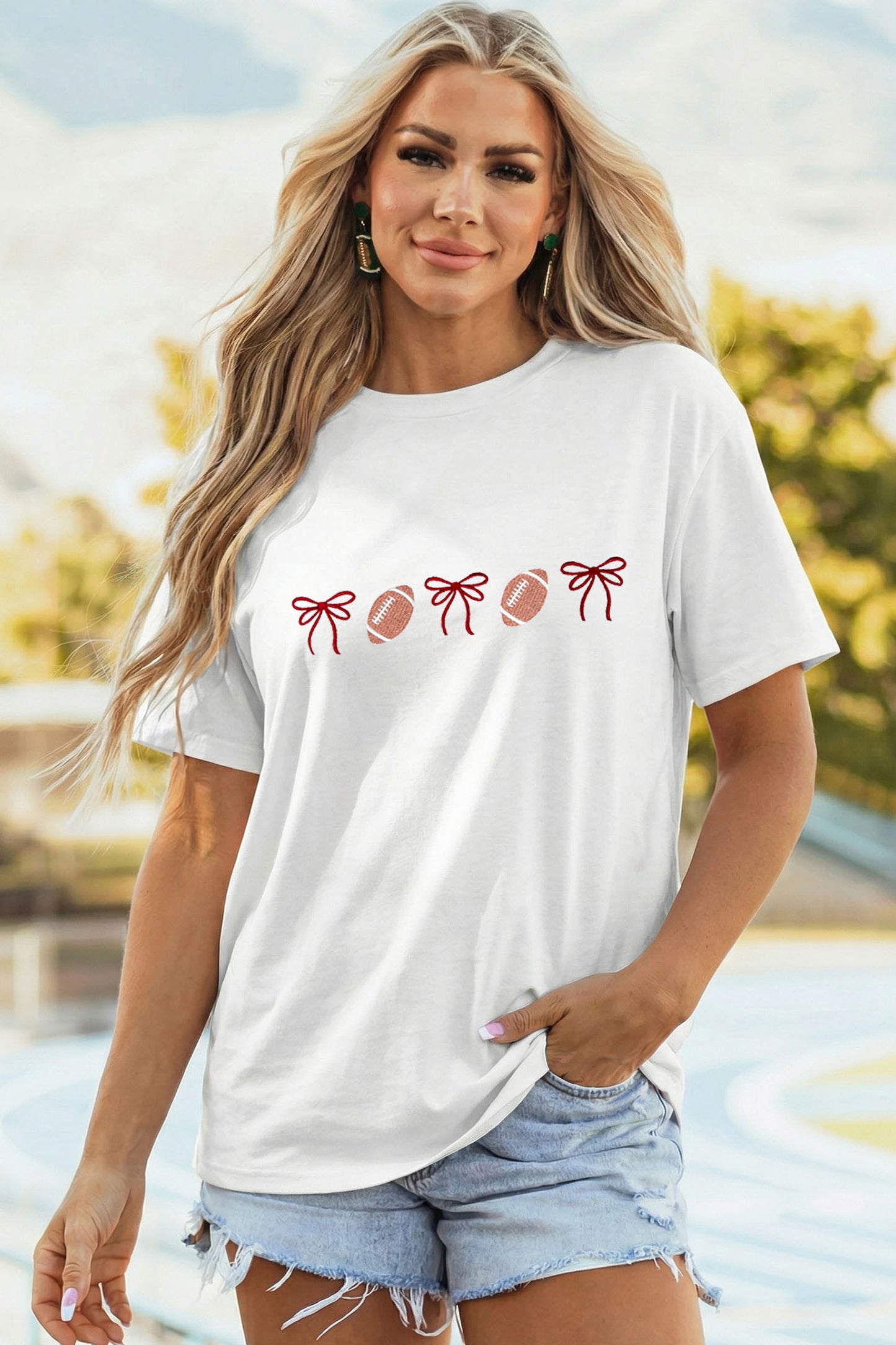 White Embroidered Football Bows Casual Round Neck T Shirt