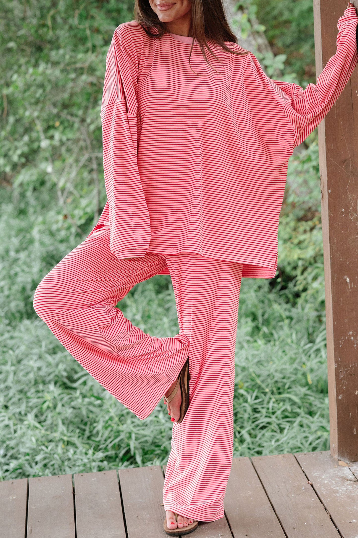 Pink Stripe Striped Drop Shoulder Long Sleeve Pant Set